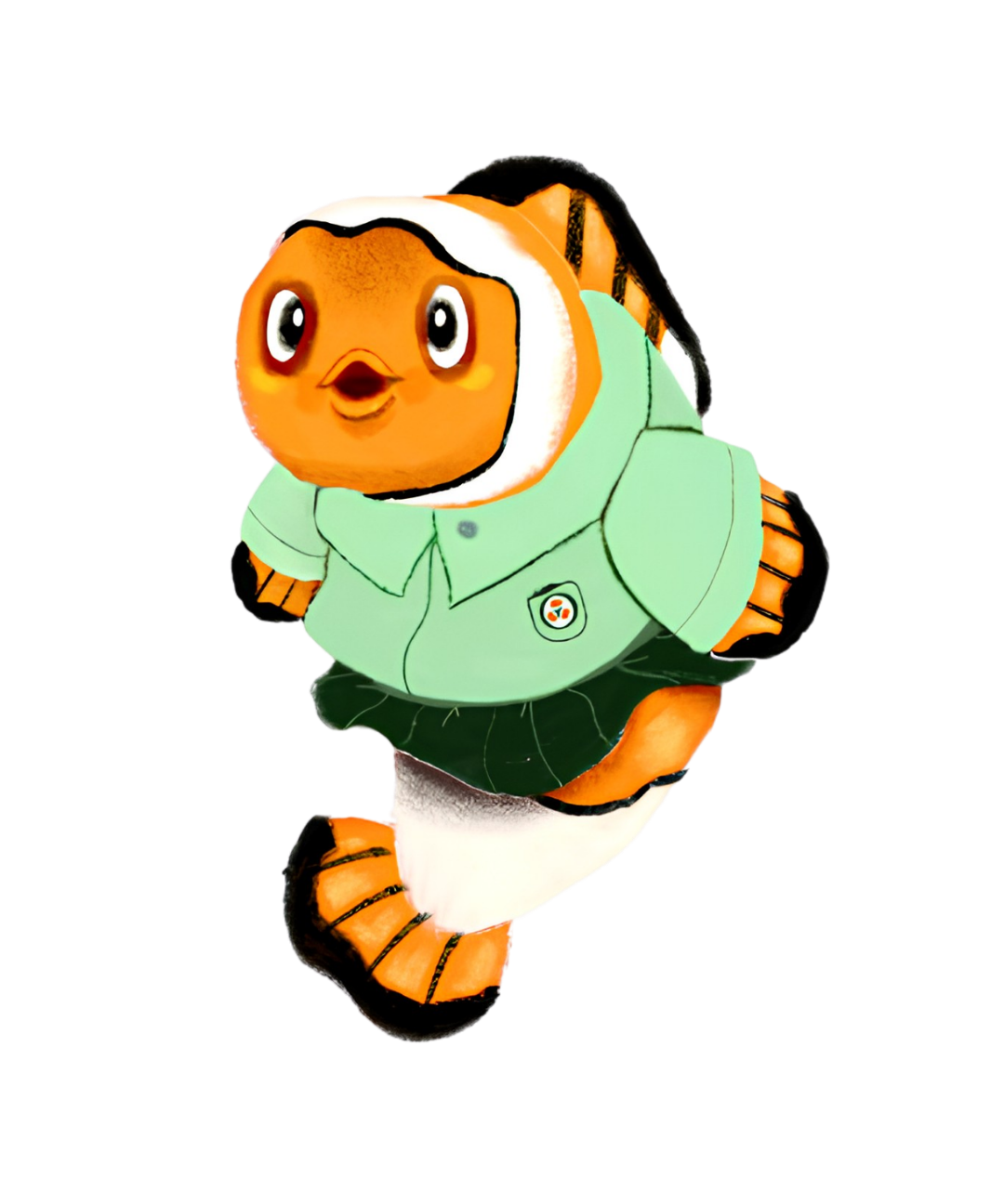 Digital illustration of an orange fish mascot dressed in a light green and dark green school uniform.